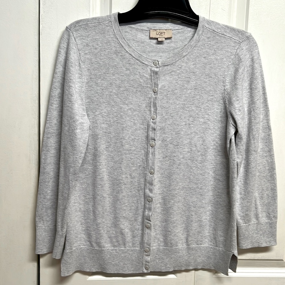 Loft Outlet Light Gray Mid Sleeve Cotton Knit Button Up Knit Top Size M